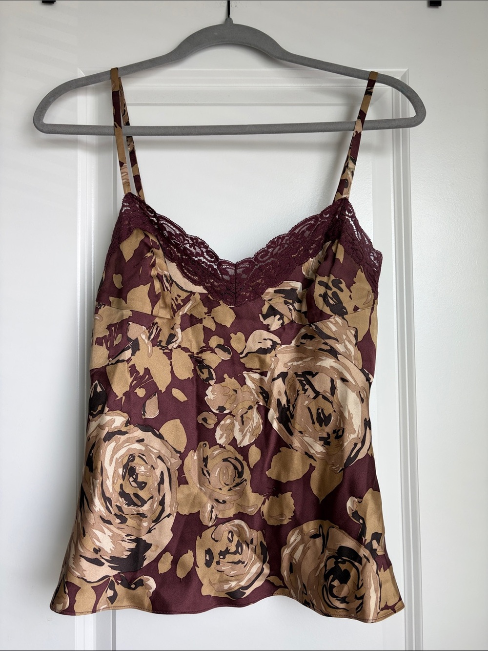 Theory Burgundy and Tan Floral Satin Lace-Trim Cami